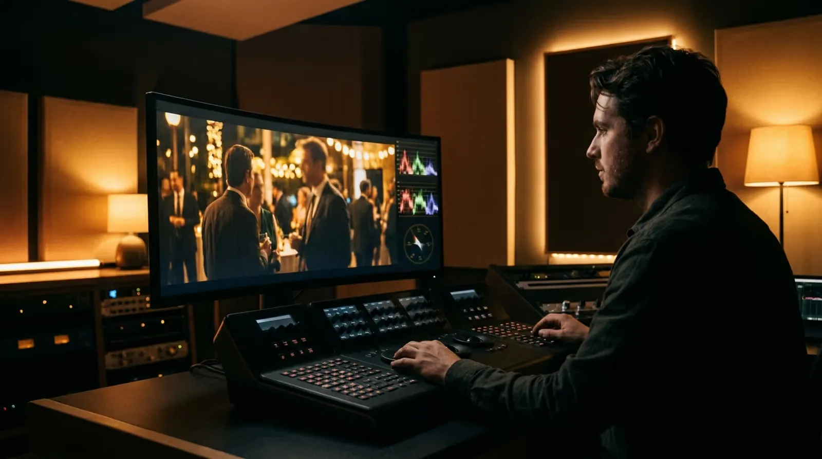 Suite d’étalonnage, moniteur affichant une scène d’événement aux teintes chaudes