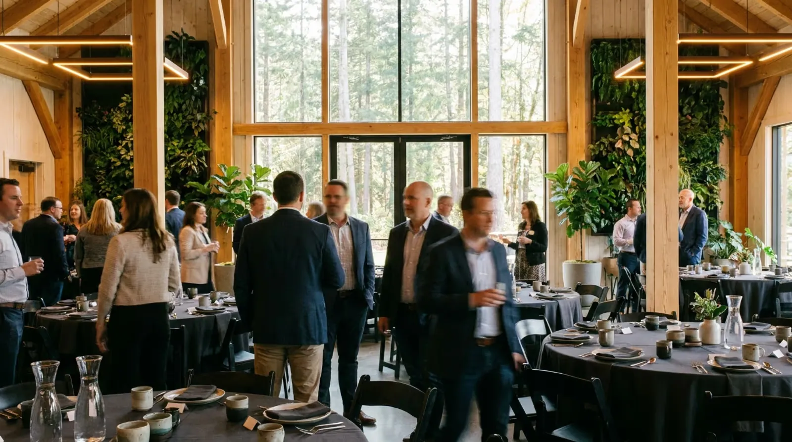 Événement d’entreprise dans un lieu moderne en bois et végétal, lumière chaude