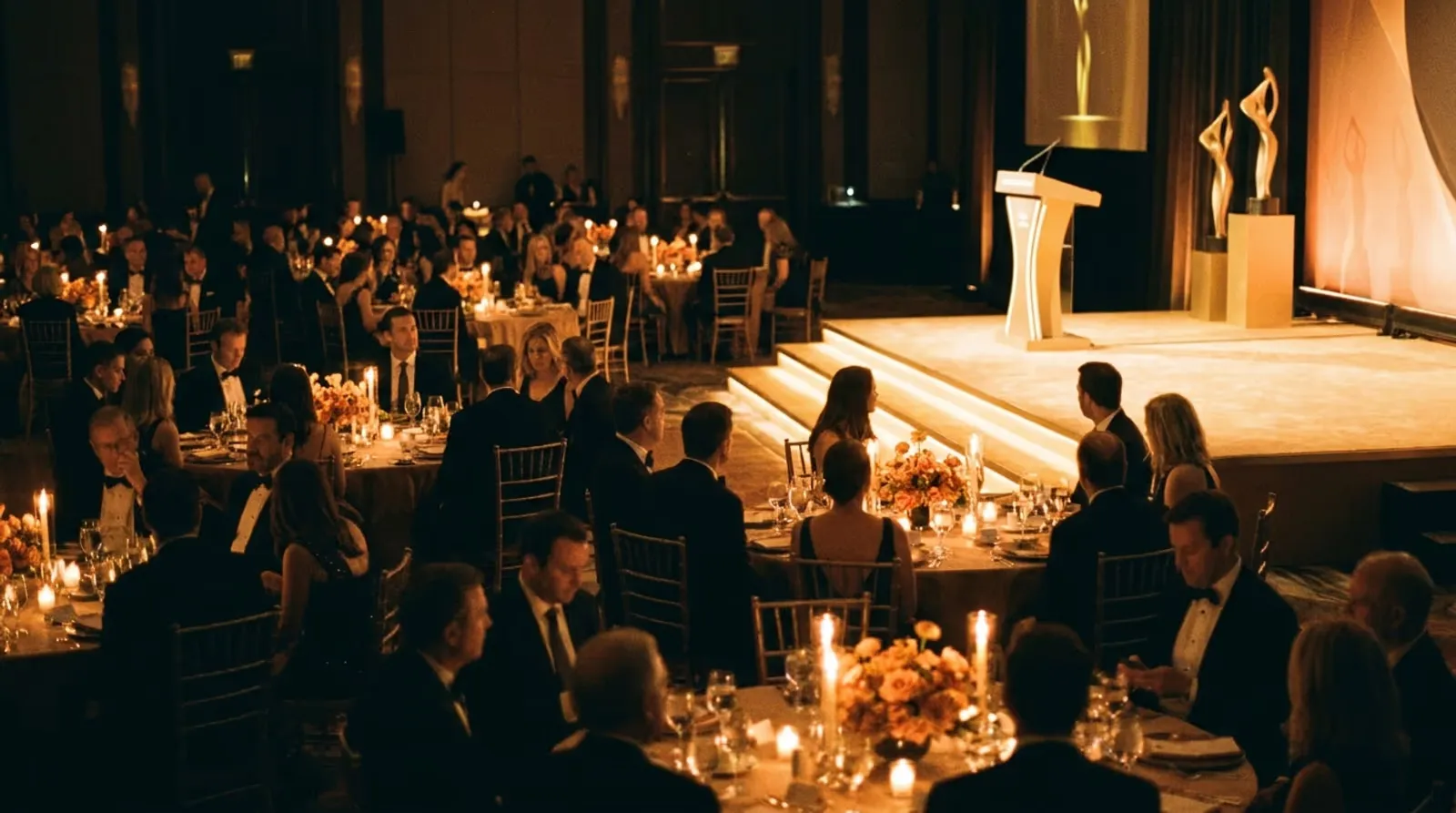 Soirée de gala d’entreprise, scène éclairée et tables aux chandelles, lumière dorée